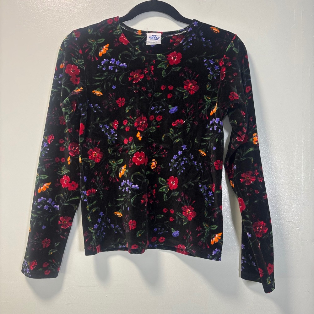 The Rugged Bear Girls Velvet Floral Long Sleeve Shirt Black Size 14/16